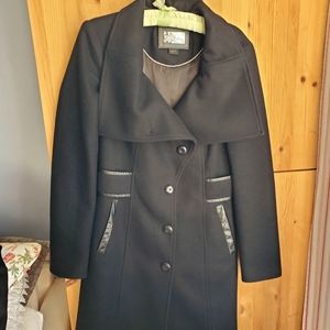 Mackage Wool & Cashmere Blend Knee Length Black Coat with Leather Trim XS